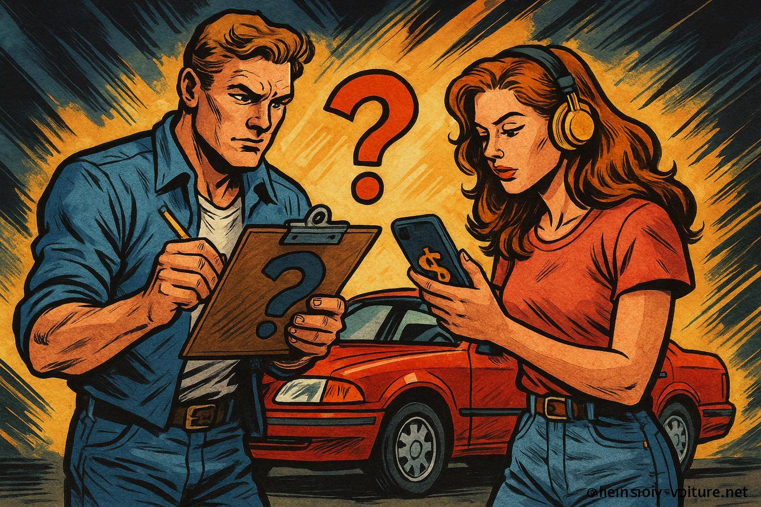 Dessin vintage homme femme voiture interrogation