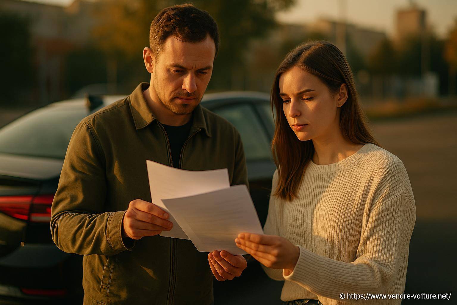 couple examinant des documents devant voiture