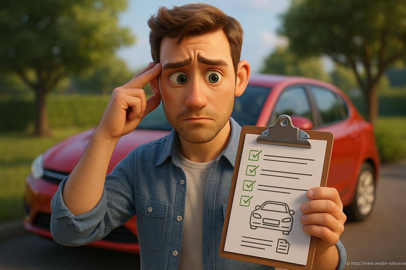 Homme perplexe avec checklist voiture