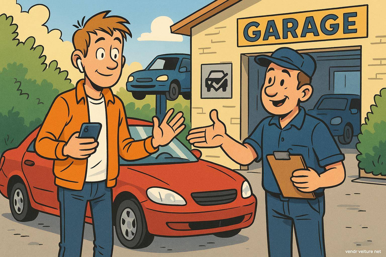 Client et mécanicien discutant devant garage