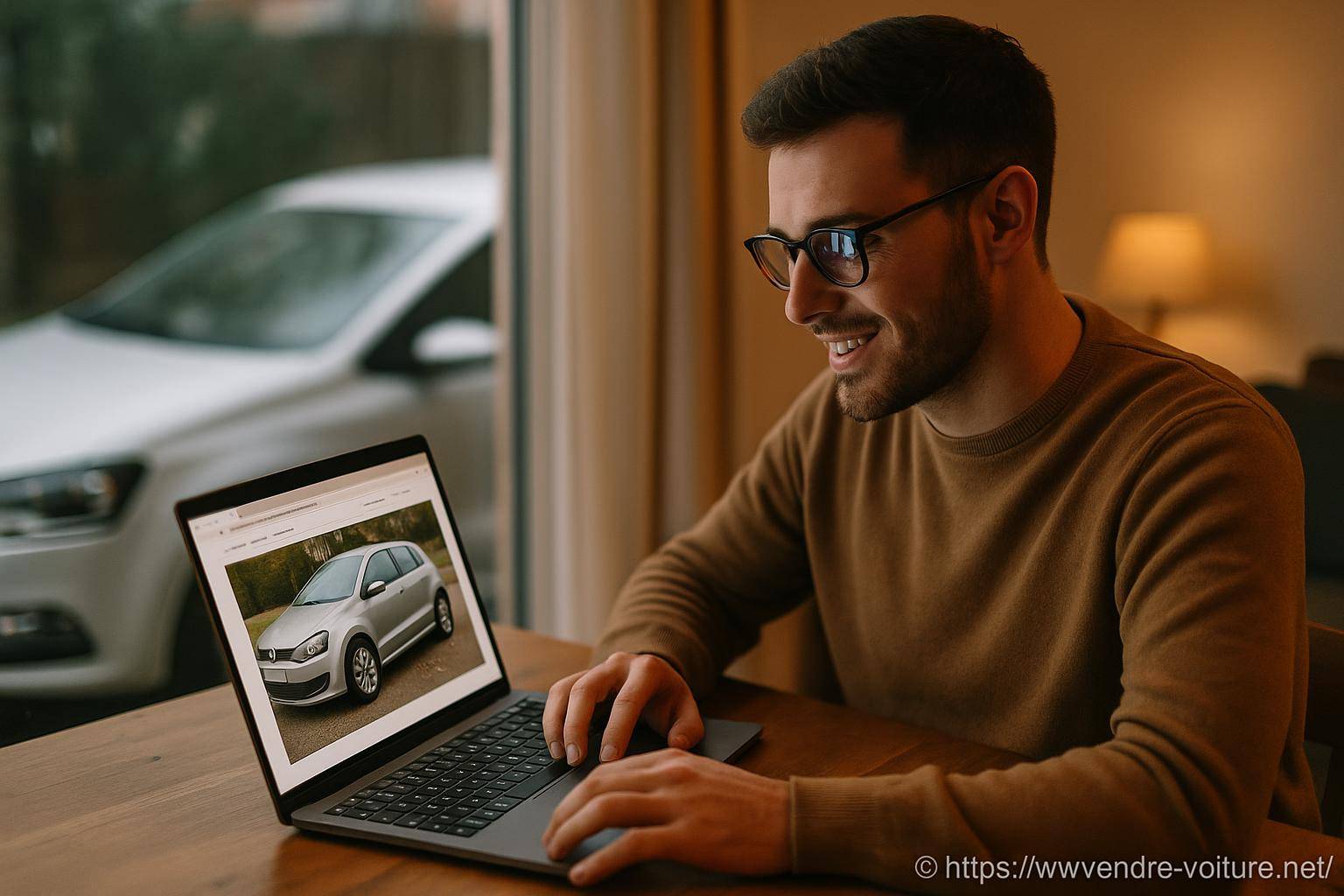 Homme souriant achetant voiture en ligne
