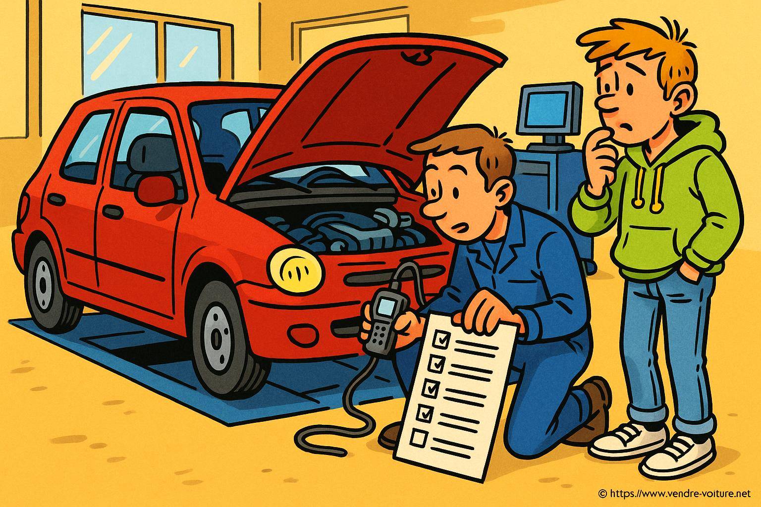 Mécanicien diagnostique voiture rouge