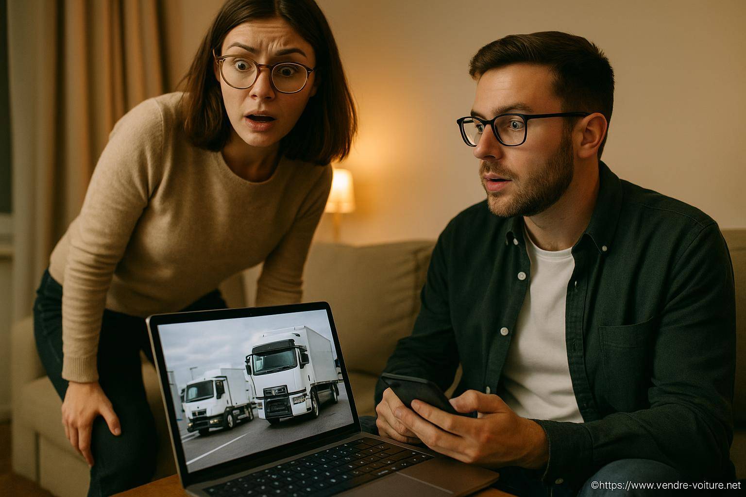 couple surpris regardant camions sur ordinateur