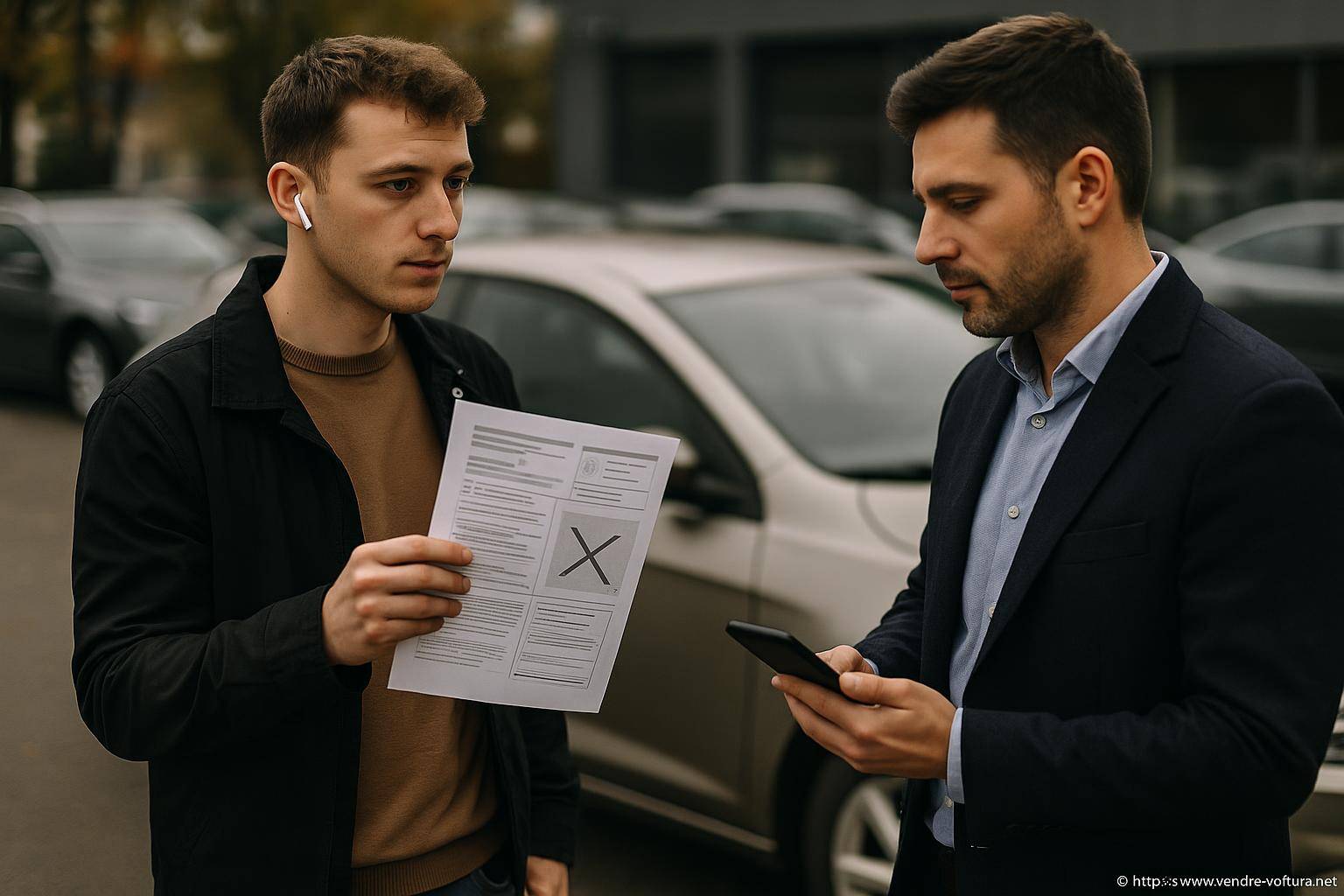 Deux hommes discutant devant une voiture