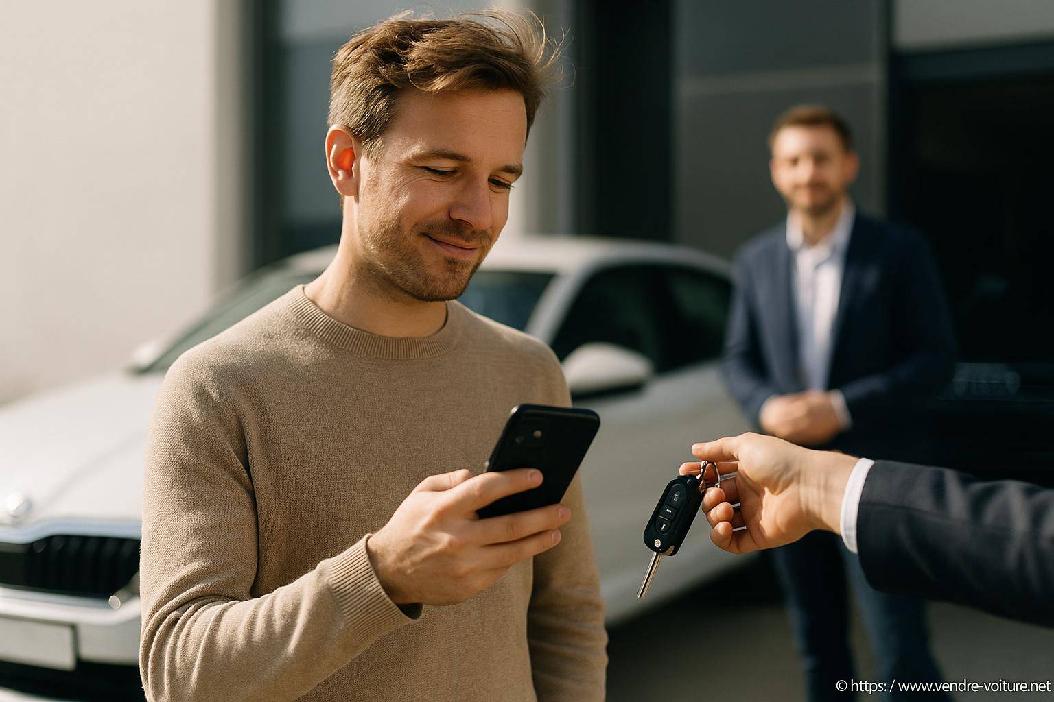 Homme recevant clés voiture devant concession