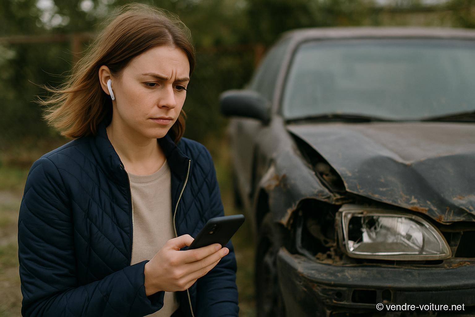 Femme préoccupée devant voiture accidentée