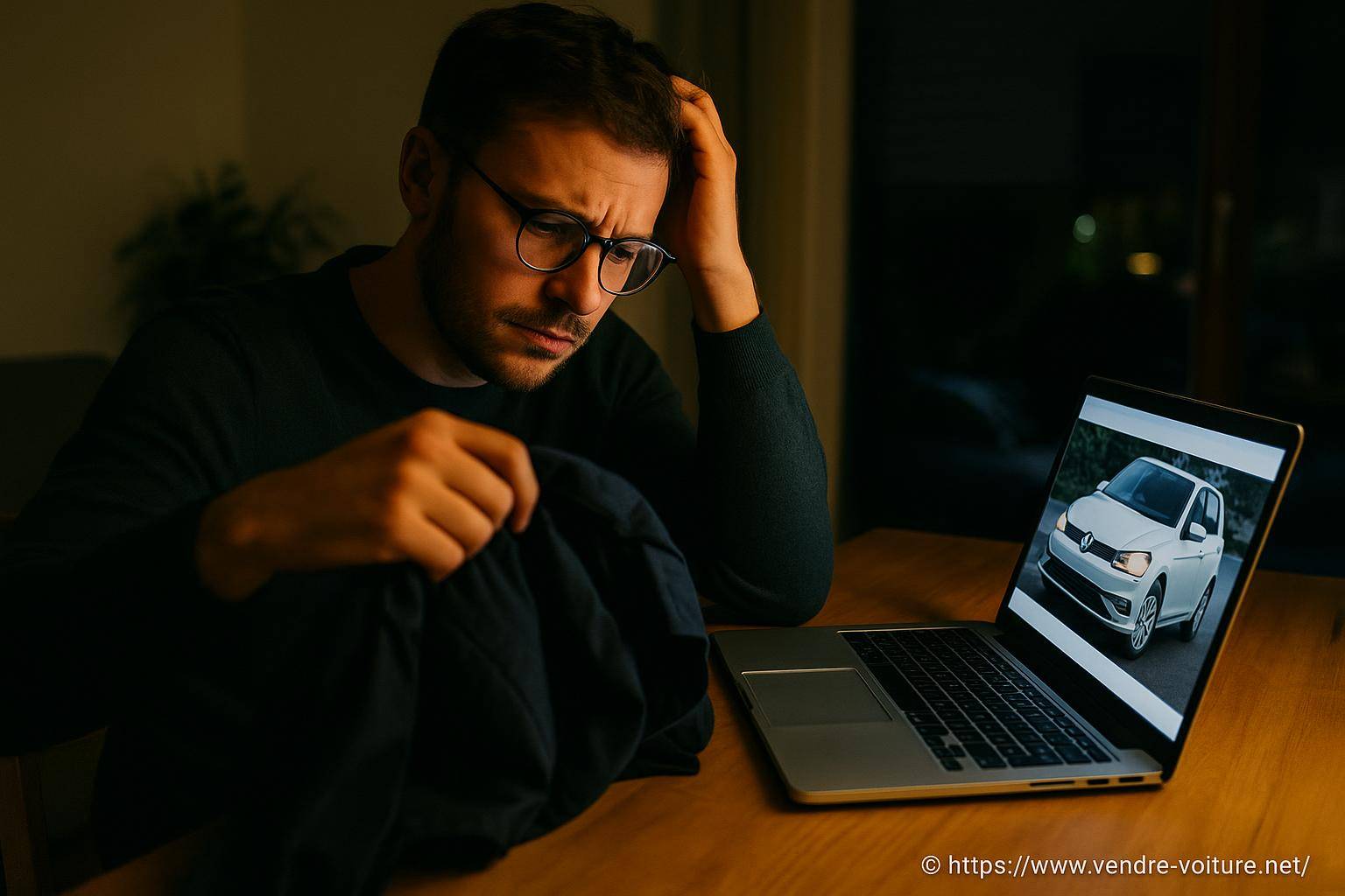 Homme pensif devant ordinateur voiture