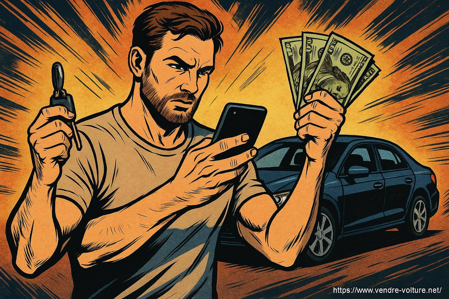 Homme tenant clés argent devant voiture