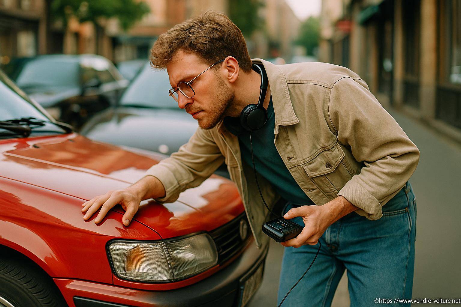 Homme inspectant la carrosserie d'une voiture rouge