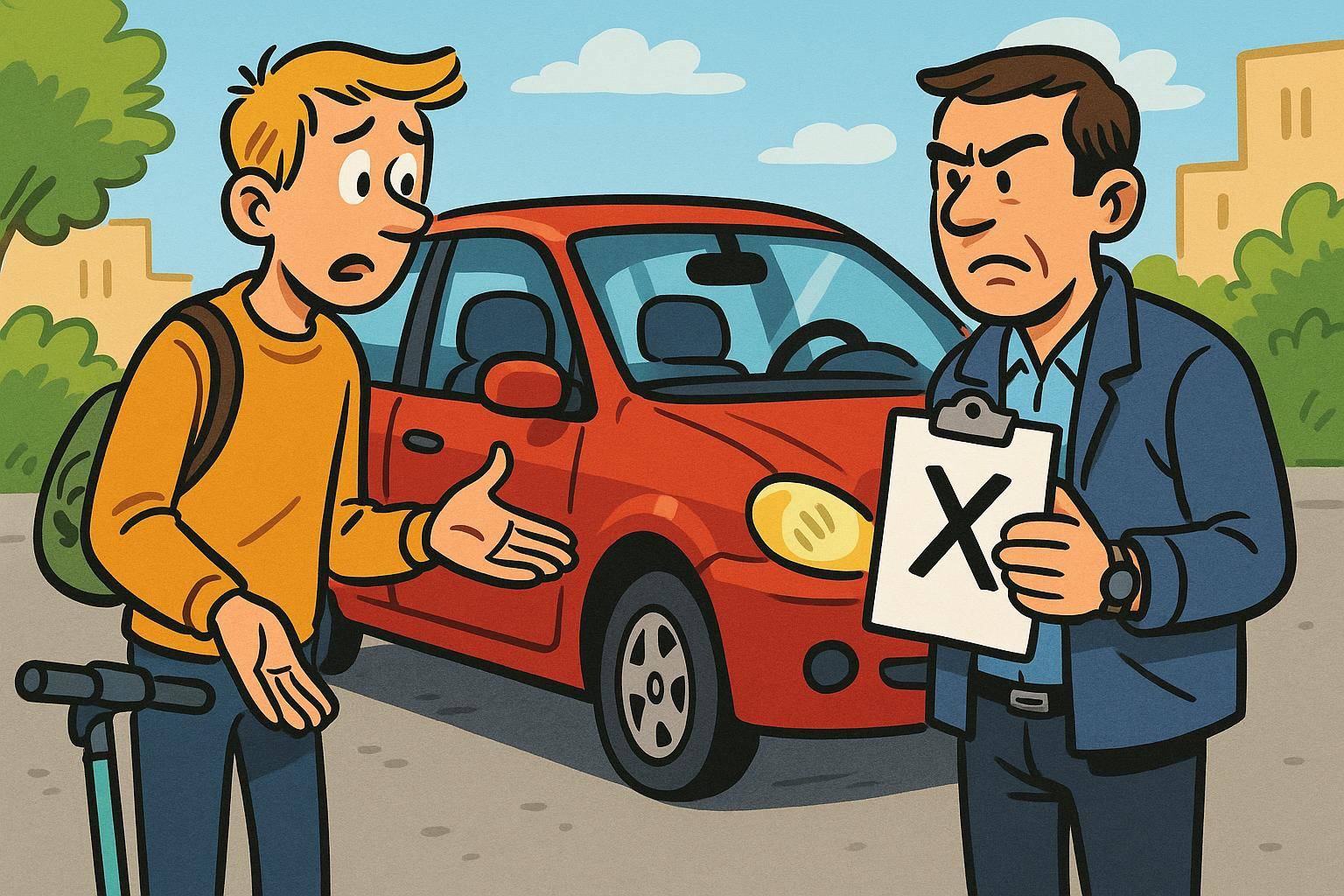 Jeune homme discutant avec agent voiture rouge