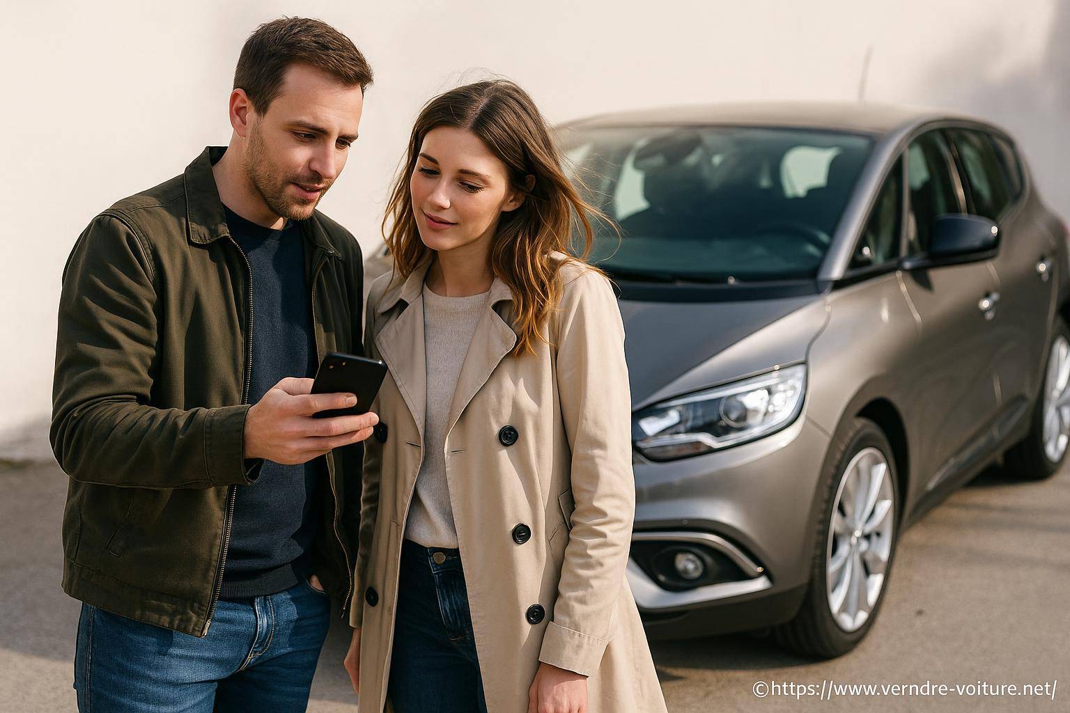 Couple consultant smartphone devant voiture grise
