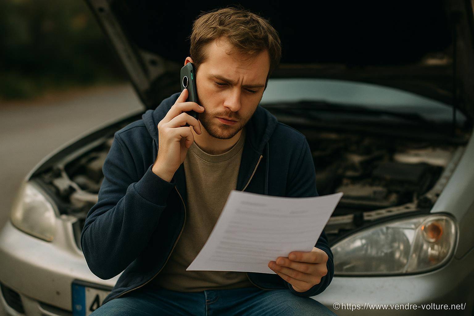 Homme au téléphone avec voiture en panne