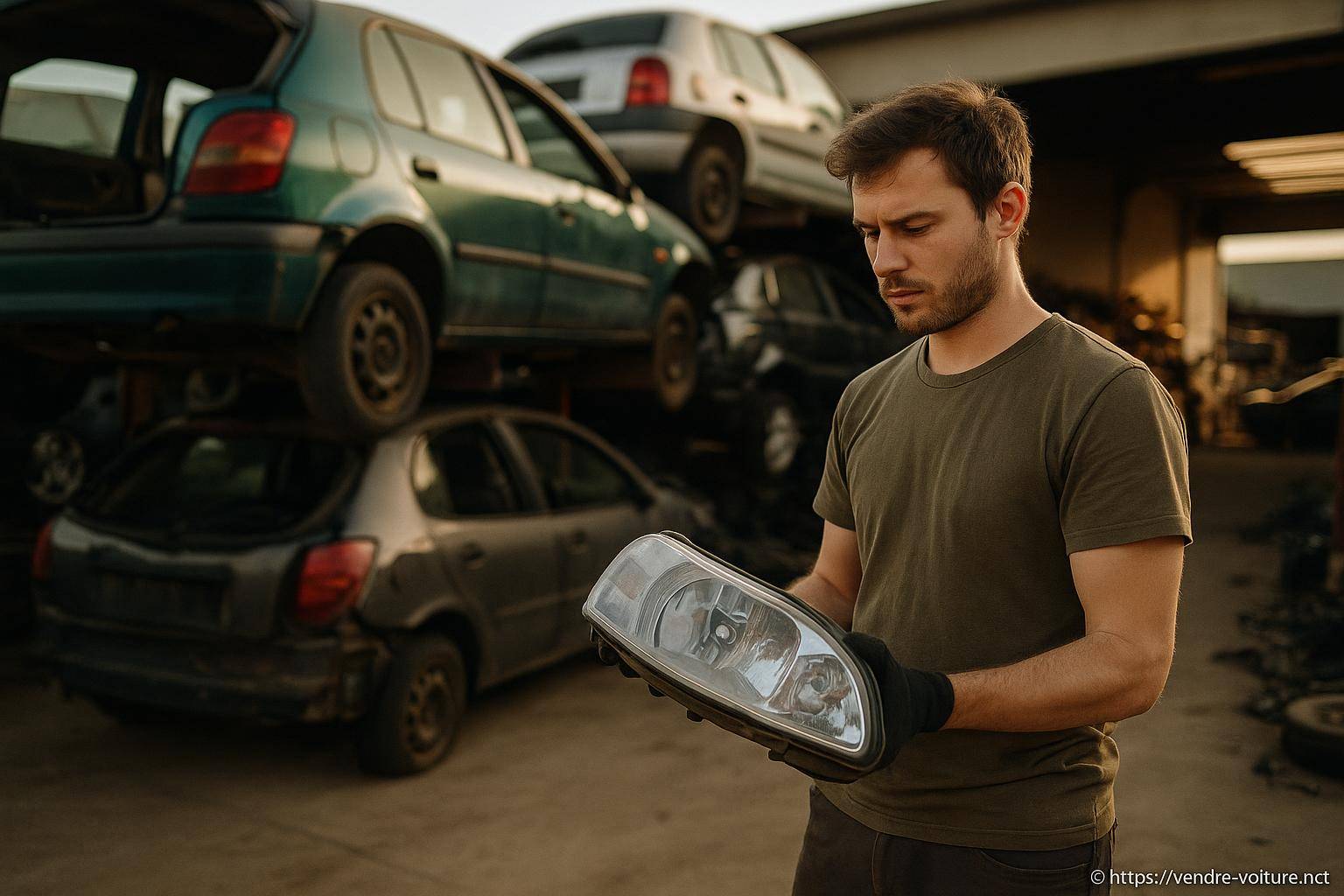 Homme inspectant un phare de voiture