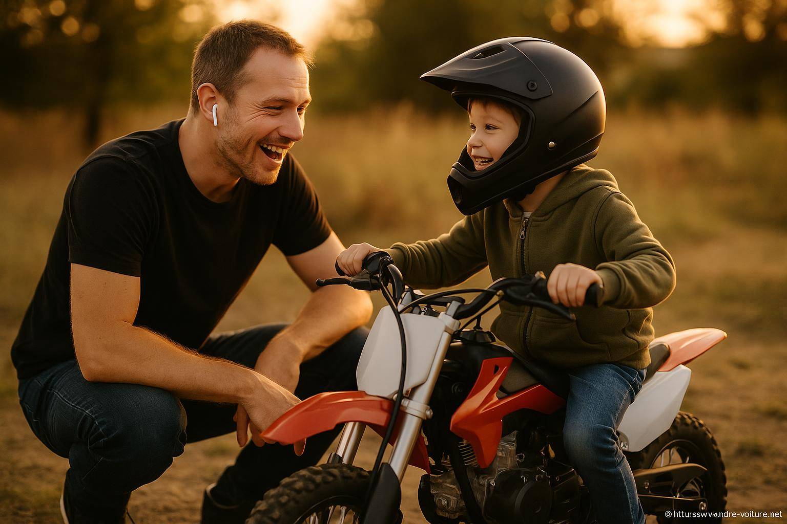 Enfant en casque sur moto électrique enfant
