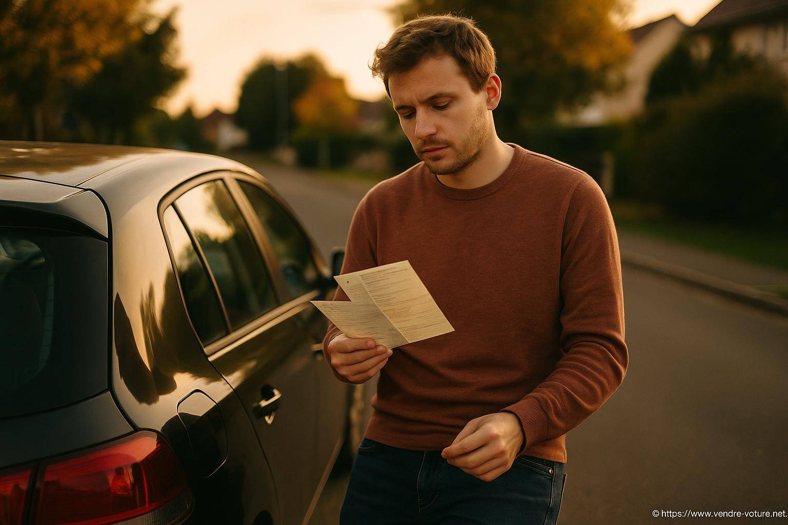 Homme lisant un document près de sa voiture