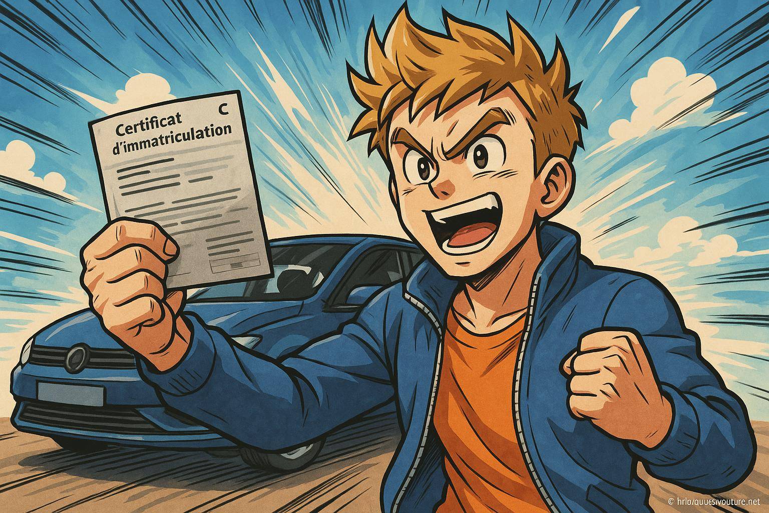 Jeune homme heureux avec certificat d immatriculation