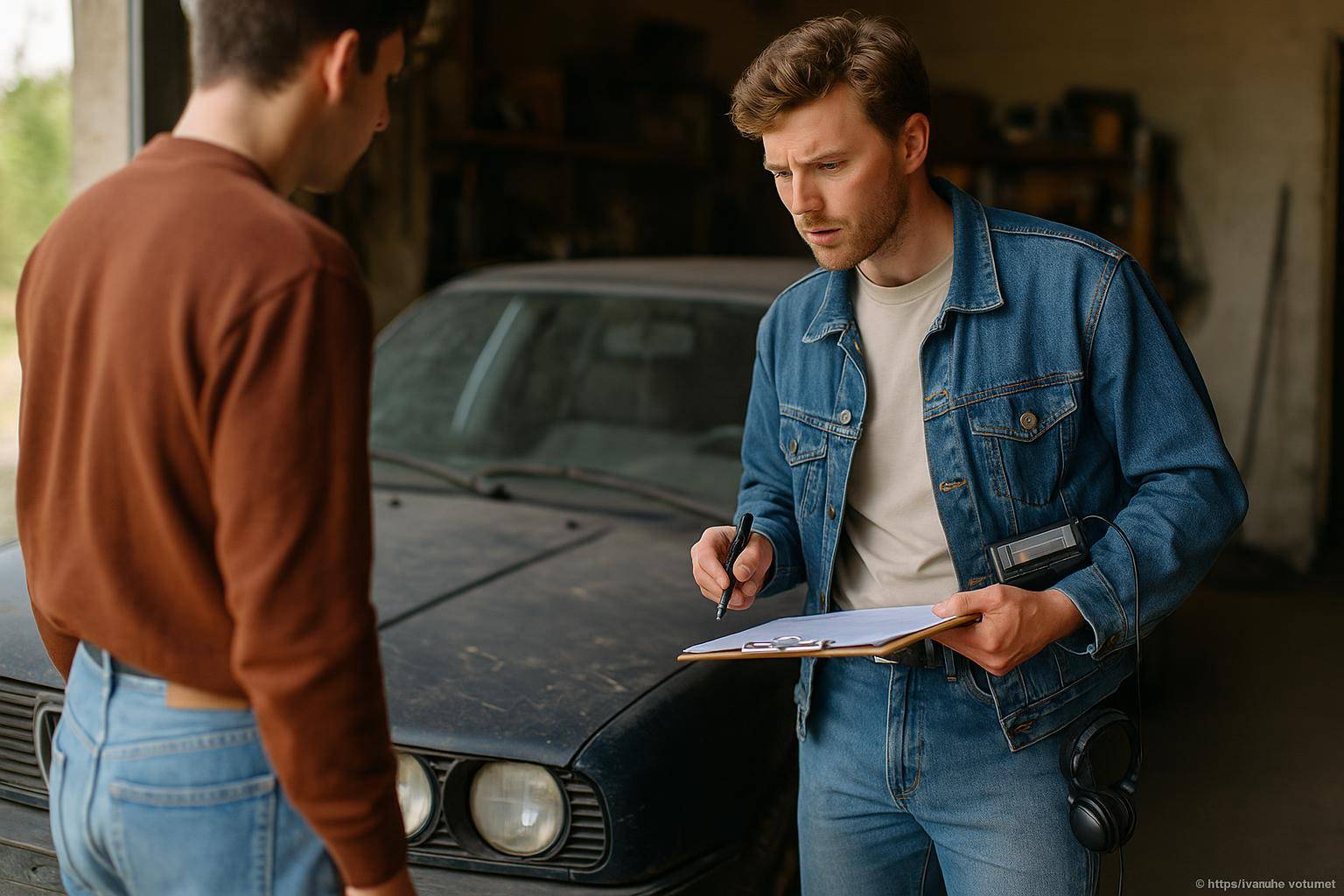 Homme inspectant une voiture avec un carnet