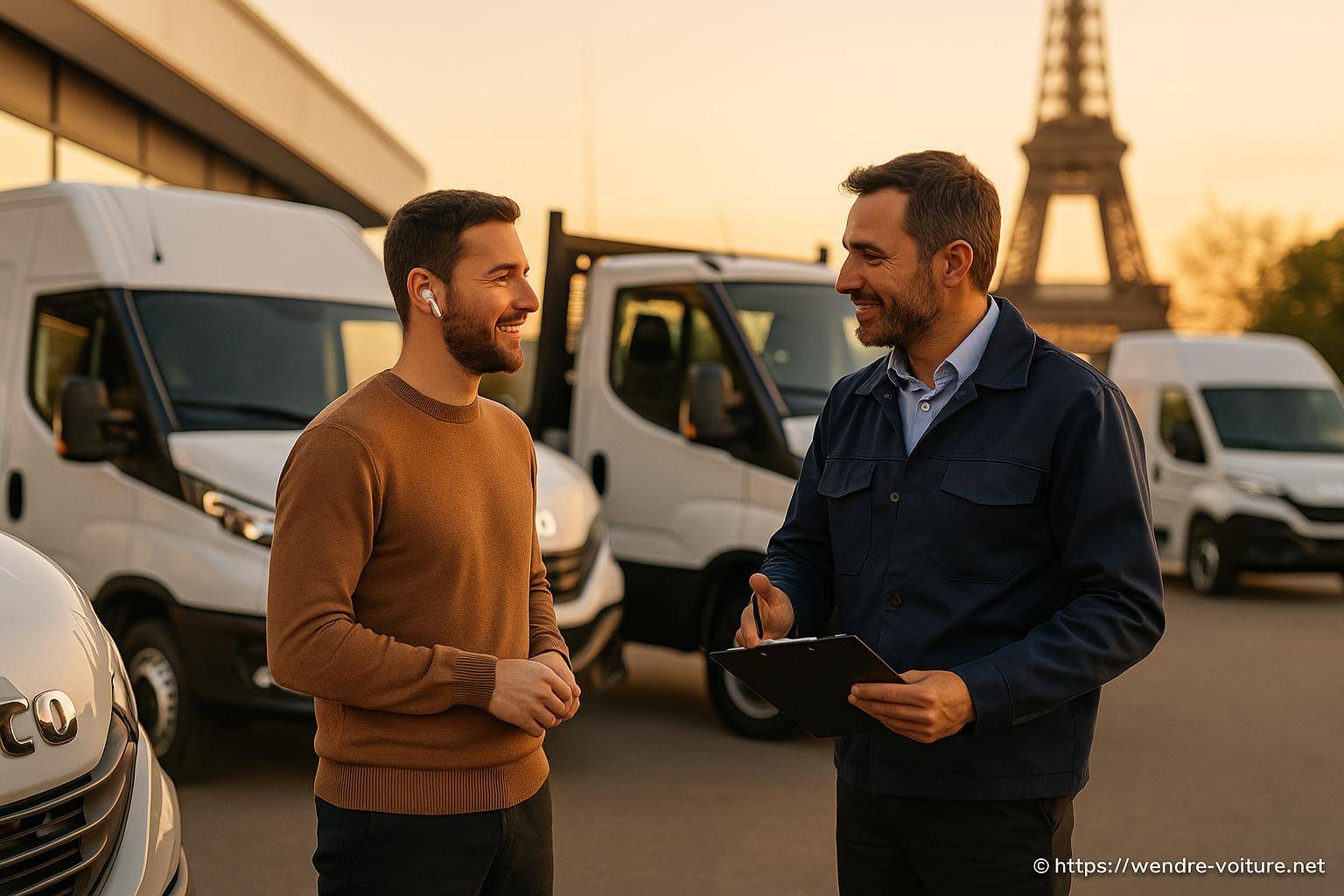 Deux hommes discutant devant des camionnettes à Paris