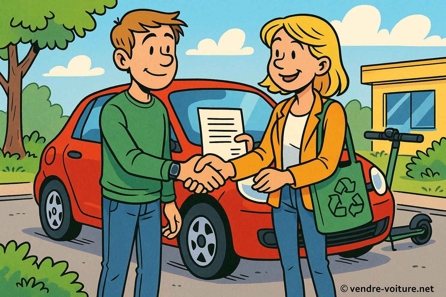 Homme et femme concluent vente voiture