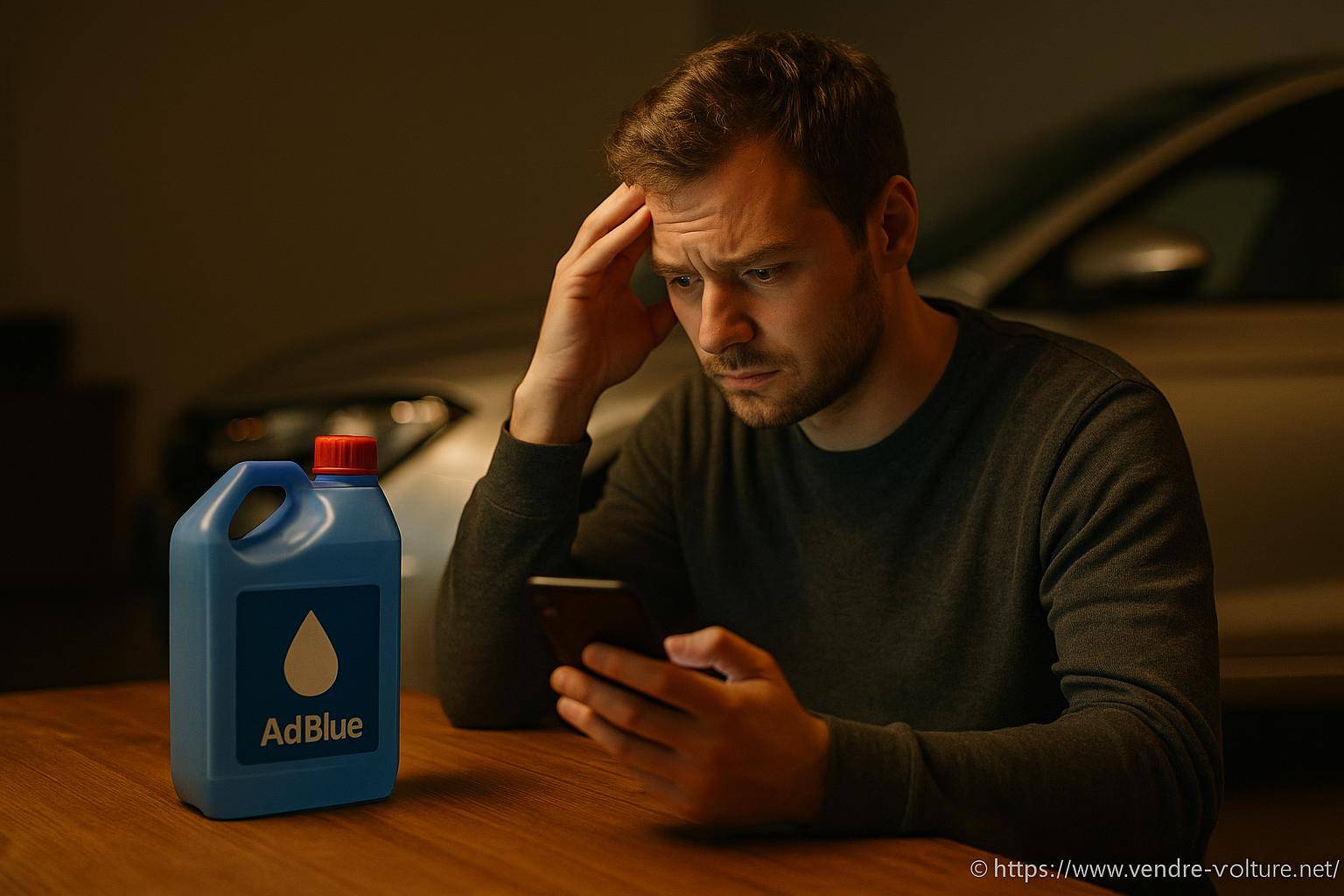 Homme inquiet avec bidon AdBlue et smartphone