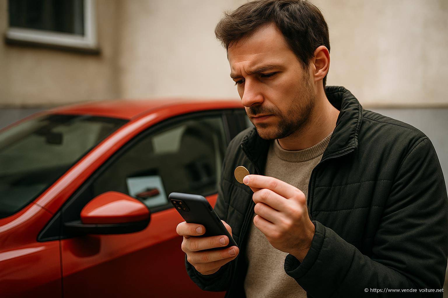 Homme regardant une piĂšce devant une voiture rouge