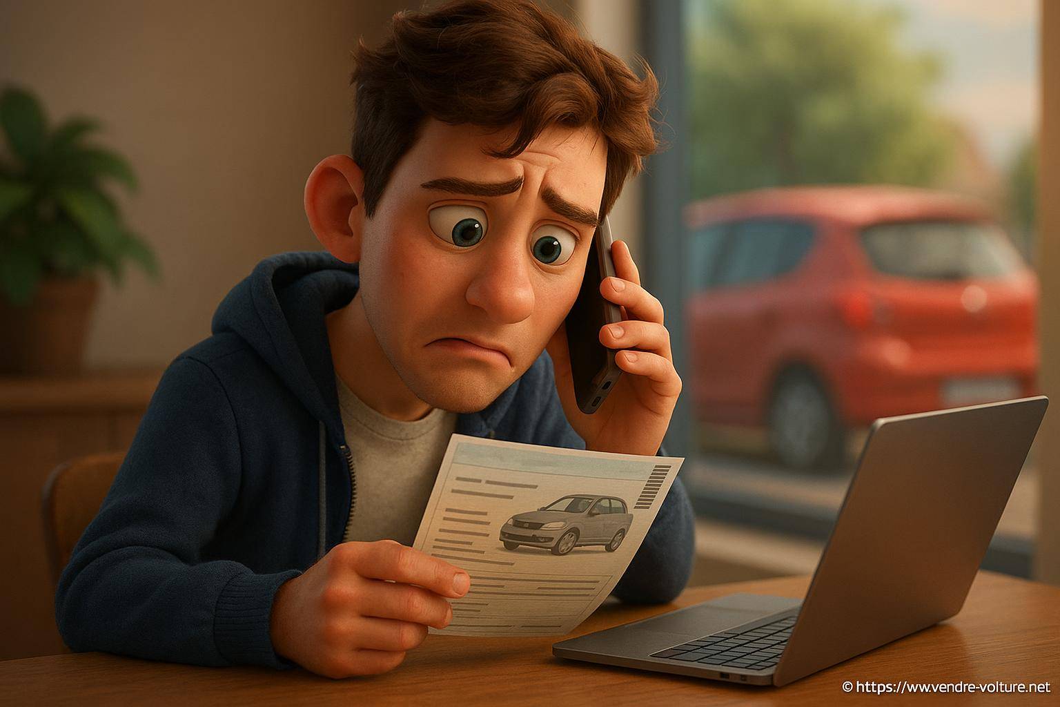 Jeune homme inquiet au téléphone facture voiture