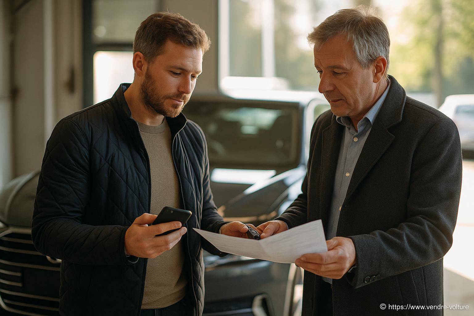 Deux hommes discutant devant une voiture
