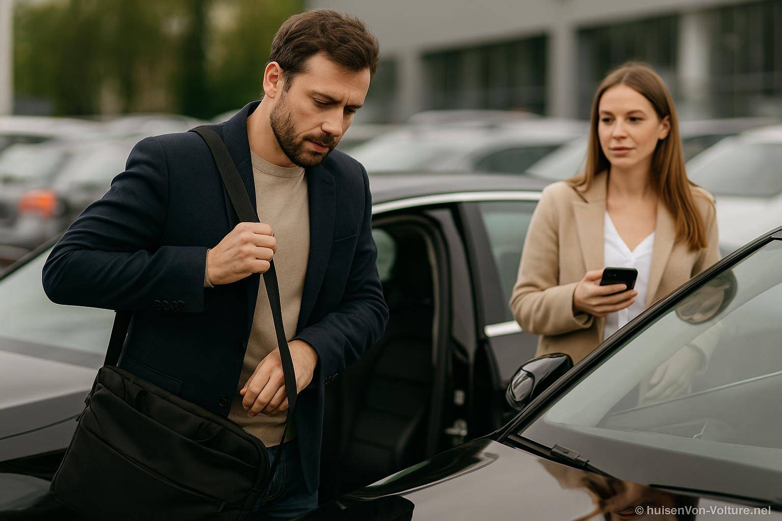 Homme et femme près d'une voiture noire
