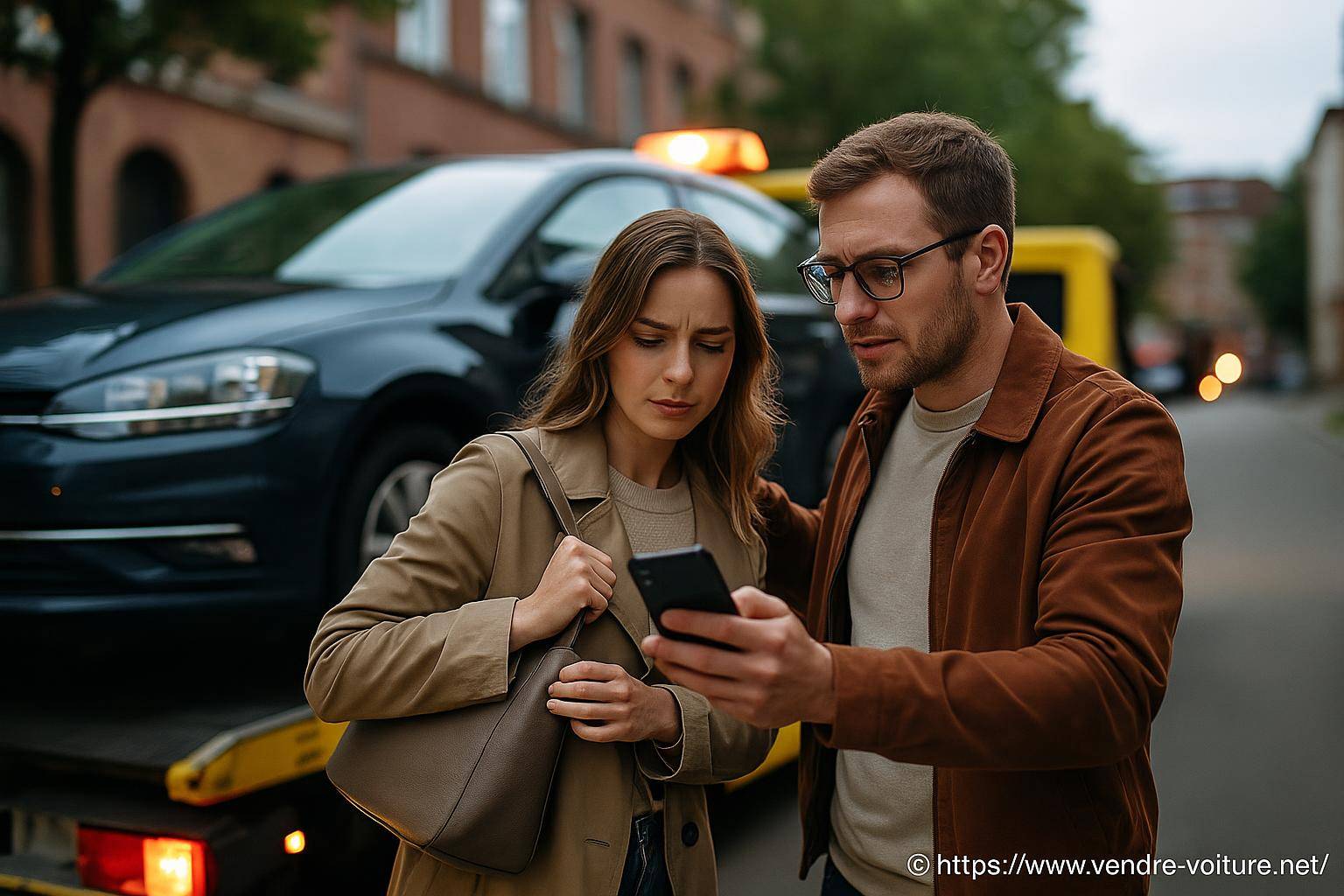 Couple préoccupé devant voiture remorquée