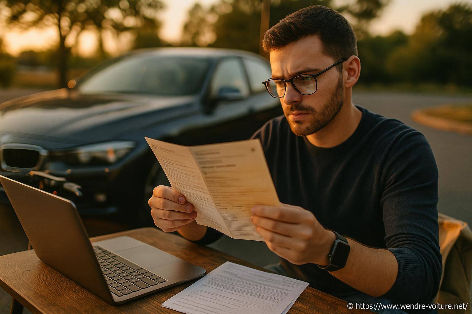 Homme lisant un document près d'une voiture