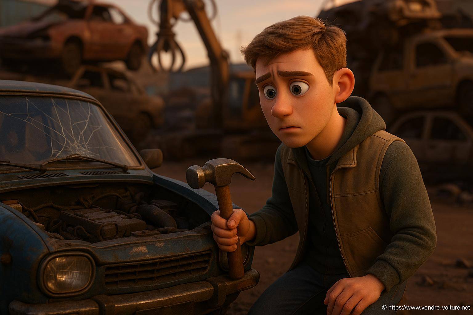 jeune homme triste avec marteau devant voiture cassée