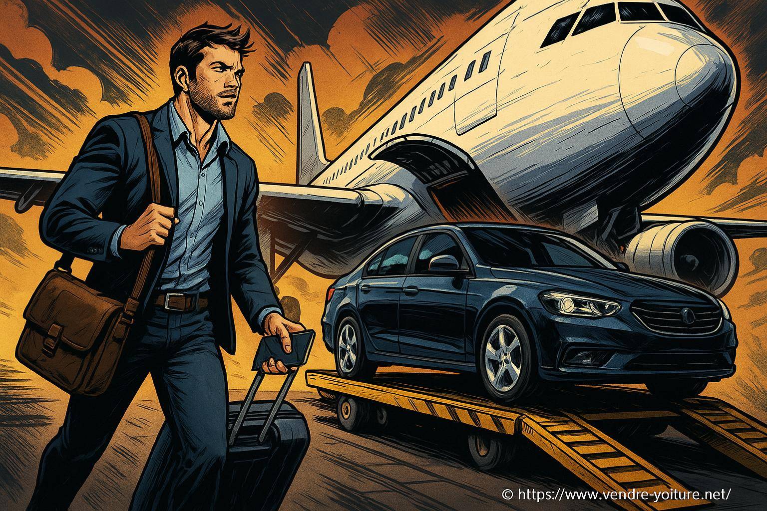 Homme d'affaires avec valise devant avion et voiture