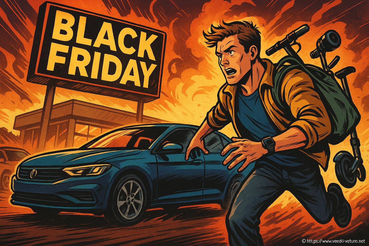 Homme courant devant voiture panneau Black Friday