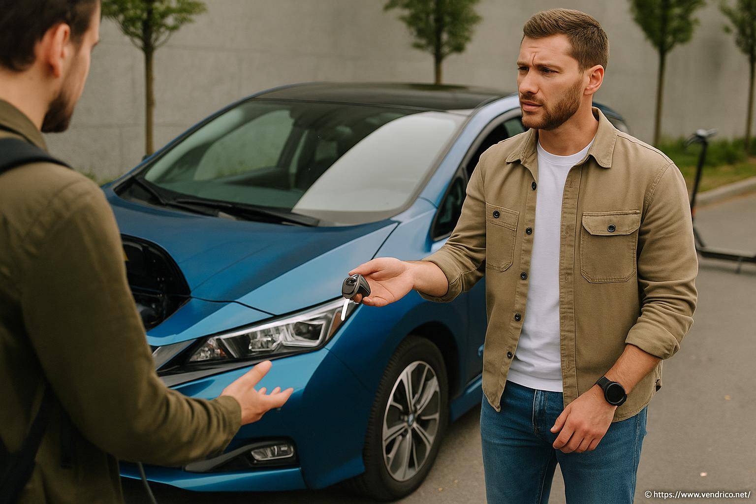 Homme remettant clé de voiture bleue électrique