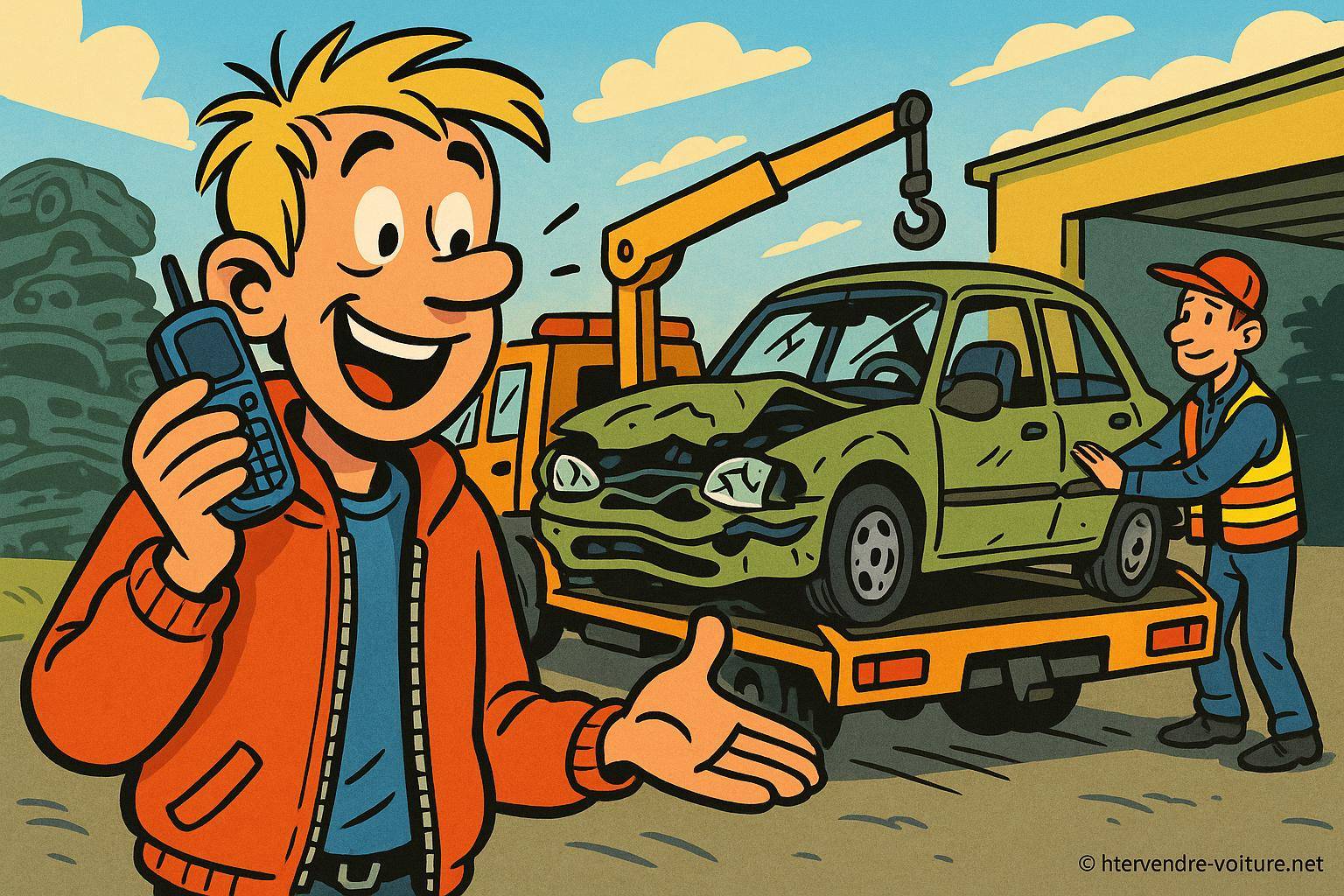 Homme heureux voiture accidentée remorquée