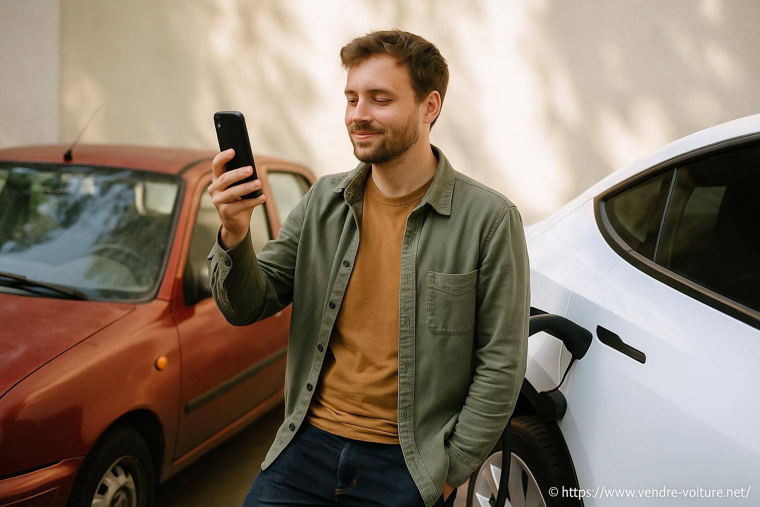 Homme recharge voiture électrique avec smartphone